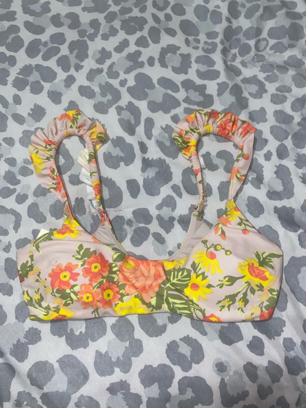 aerie Floral Bikini Top in Light Pink with Yellow & Orange Flowers